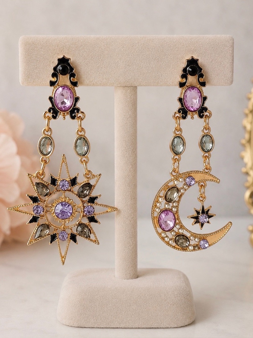 Gold-tone Purple Gem Star & Moon Drop Earrings